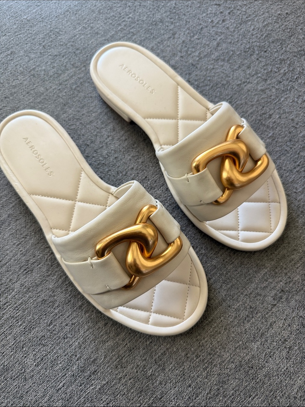 AEROSOLES Cream Slide Sandals with Gold Chain Link